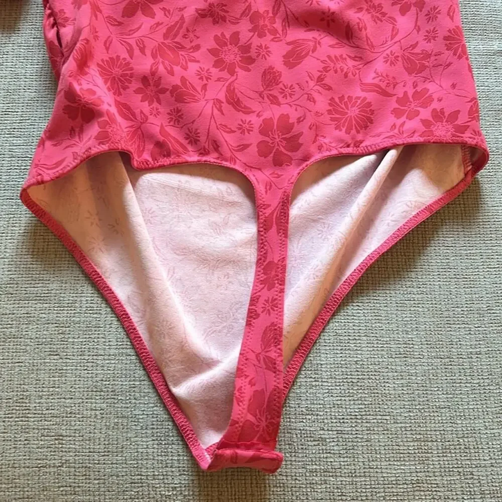 NWT Free People Something About You Floral Puff Shoulder Bodysuit Hot Pink Combo
